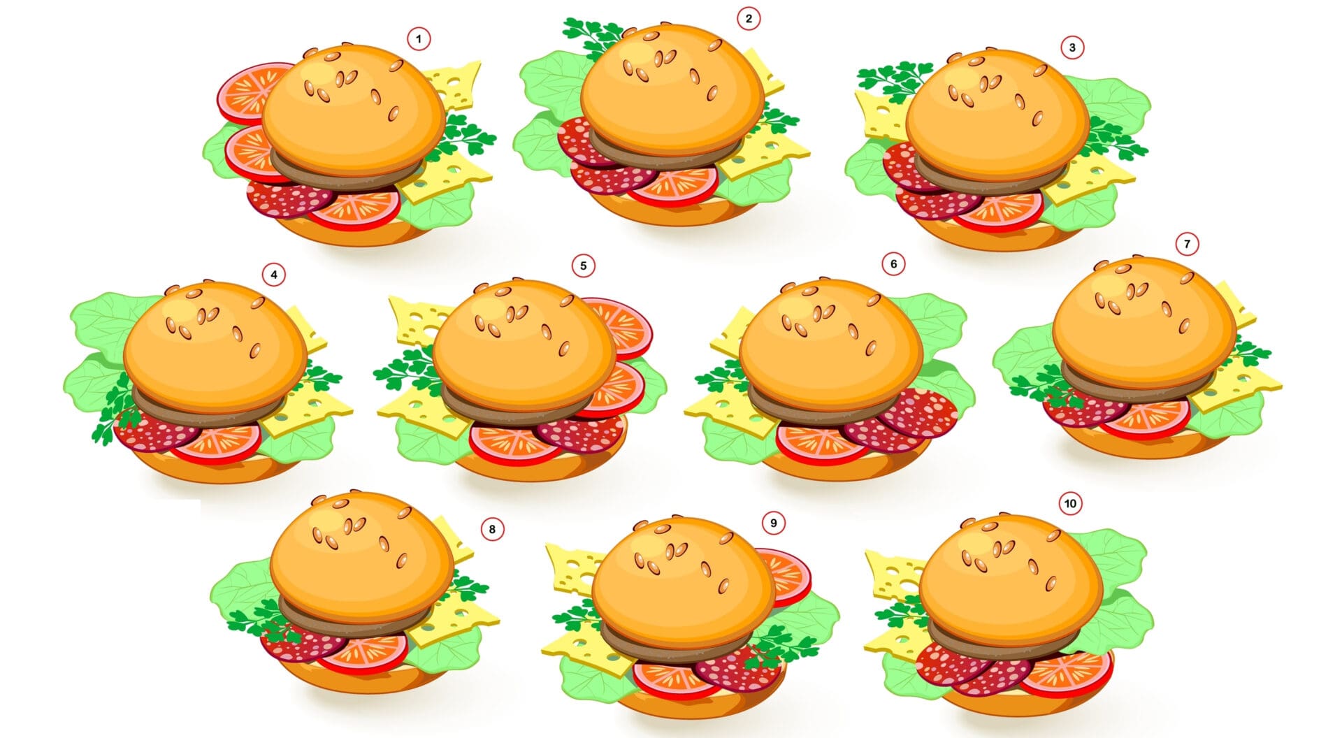 Trouvez deux hamburgers identiques.
