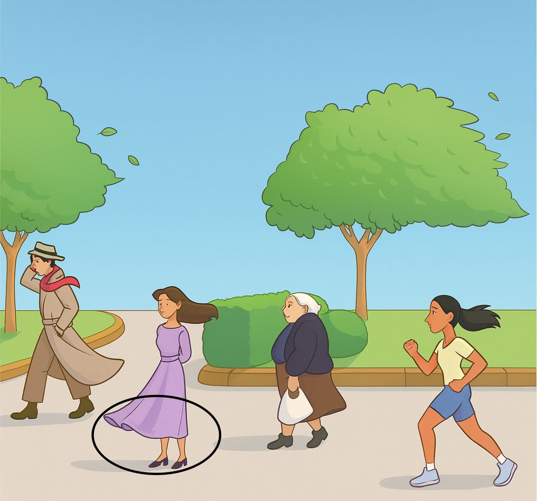 La robe d'une femme fait souffler le vent dans la direction opposée.